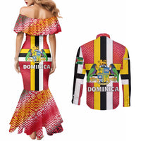 Dominica Flag Couples Matching Mermaid Dress and Long Sleeve Button Shirt Red Yellow and Black with Coat of Arms and National Motto Design - Wonder Print Shop