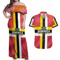 Dominica Flag Couples Matching Off Shoulder Maxi Dress and Hawaiian Shirt Red Yellow and Black with Coat of Arms and National Motto Design - Wonder Print Shop