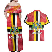 Dominica Flag Couples Matching Off Shoulder Maxi Dress and Hawaiian Shirt Red Yellow and Black with Coat of Arms and National Motto Design - Wonder Print Shop