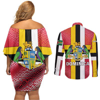 Dominica Flag Couples Matching Off Shoulder Short Dress and Long Sleeve Button Shirt Red Yellow and Black with Coat of Arms and National Motto Design - Wonder Print Shop