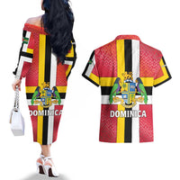 Dominica Flag Couples Matching Off The Shoulder Long Sleeve Dress and Hawaiian Shirt Red Yellow and Black with Coat of Arms and National Motto Design - Wonder Print Shop