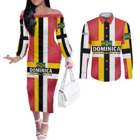 Dominica Flag Couples Matching Off The Shoulder Long Sleeve Dress and Long Sleeve Button Shirt Red Yellow and Black with Coat of Arms and National Motto Design - Wonder Print Shop