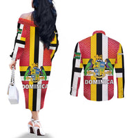 Dominica Flag Couples Matching Off The Shoulder Long Sleeve Dress and Long Sleeve Button Shirt Red Yellow and Black with Coat of Arms and National Motto Design - Wonder Print Shop
