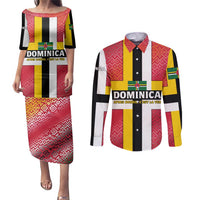 Dominica Flag Couples Matching Puletasi and Long Sleeve Button Shirt Red Yellow and Black with Coat of Arms and National Motto Design - Wonder Print Shop