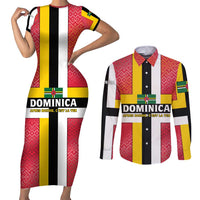 Dominica Flag Couples Matching Short Sleeve Bodycon Dress and Long Sleeve Button Shirt Red Yellow and Black with Coat of Arms and National Motto Design - Wonder Print Shop