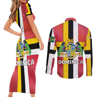 Dominica Flag Couples Matching Short Sleeve Bodycon Dress and Long Sleeve Button Shirt Red Yellow and Black with Coat of Arms and National Motto Design - Wonder Print Shop