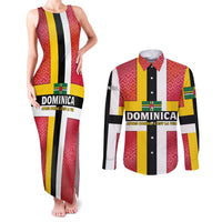 Dominica Flag Couples Matching Tank Maxi Dress and Long Sleeve Button Shirt Red Yellow and Black with Coat of Arms and National Motto Design - Wonder Print Shop