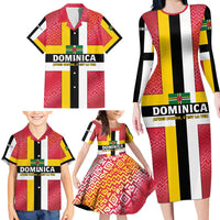 Dominica Flag Family Matching Long Sleeve Bodycon Dress and Hawaiian Shirt Red Yellow and Black with Coat of Arms and National Motto Design - Wonder Print Shop