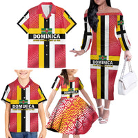 Dominica Flag Family Matching Off The Shoulder Long Sleeve Dress and Hawaiian Shirt Red Yellow and Black with Coat of Arms and National Motto Design - Wonder Print Shop