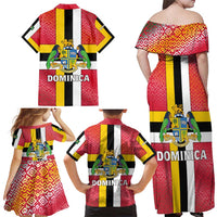 Dominica Flag Family Matching Off Shoulder Maxi Dress and Hawaiian Shirt Red Yellow and Black with Coat of Arms and National Motto Design - Wonder Print Shop