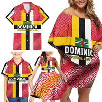 Dominica Flag Family Matching Off Shoulder Short Dress and Hawaiian Shirt Red Yellow and Black with Coat of Arms and National Motto Design - Wonder Print Shop