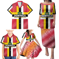 Dominica Flag Family Matching Puletasi and Hawaiian Shirt Red Yellow and Black with Coat of Arms and National Motto Design - Wonder Print Shop