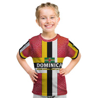 Dominica Flag Kid T Shirt Red Yellow and Black with Coat of Arms and National Motto Design - Wonder Print Shop