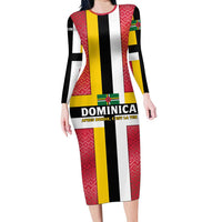 Dominica Flag Long Sleeve Bodycon Dress Red Yellow and Black with Coat of Arms and National Motto Design - Wonder Print Shop