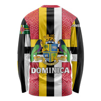 Dominica Flag Long Sleeve Shirt Red Yellow and Black with Coat of Arms and National Motto Design - Wonder Print Shop