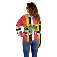 Dominica Flag Off Shoulder Sweater Red Yellow and Black with Coat of Arms and National Motto Design - Wonder Print Shop