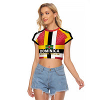 Dominica Flag Raglan Cropped T Shirt Red Yellow and Black with Coat of Arms and National Motto Design - Wonder Print Shop
