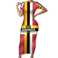 Dominica Flag Short Sleeve Bodycon Dress Red Yellow and Black with Coat of Arms and National Motto Design - Wonder Print Shop