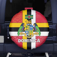 Dominica Flag Spare Tire Cover Red Yellow and Black with Coat of Arms and National Motto Design - Wonder Print Shop