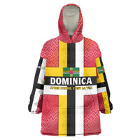 Dominica Flag Wearable Blanket Hoodie Red Yellow and Black with Coat of Arms and National Motto Design - Wonder Print Shop