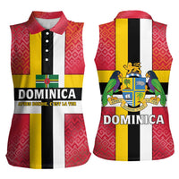 Dominica Flag Women Sleeveless Polo Shirt Red Yellow and Black with Coat of Arms and National Motto Design - Wonder Print Shop