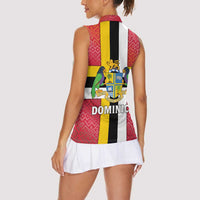 Dominica Flag Women Sleeveless Polo Shirt Red Yellow and Black with Coat of Arms and National Motto Design - Wonder Print Shop