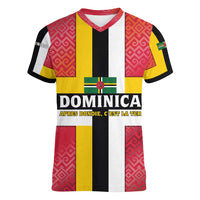 Dominica Flag Women V-Neck T-Shirt Red Yellow and Black with Coat of Arms and National Motto Design - Wonder Print Shop