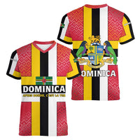 Dominica Flag Women V-Neck T-Shirt Red Yellow and Black with Coat of Arms and National Motto Design - Wonder Print Shop