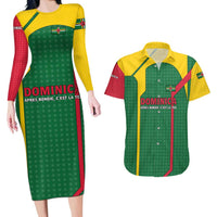 Dominica Flag Couples Matching Long Sleeve Bodycon Dress and Hawaiian Shirt National Parrot and Stars Design with Motto Apres Bondie C’est La Ter - Wonder Print Shop