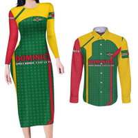 Dominica Flag Couples Matching Long Sleeve Bodycon Dress and Long Sleeve Button Shirt National Parrot and Stars Design with Motto Apres Bondie C’est La Ter - Wonder Print Shop