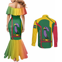 Dominica Flag Couples Matching Mermaid Dress and Long Sleeve Button Shirt National Parrot and Stars Design with Motto Apres Bondie C’est La Ter - Wonder Print Shop