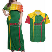 Dominica Flag Couples Matching Off Shoulder Maxi Dress and Hawaiian Shirt National Parrot and Stars Design with Motto Apres Bondie C’est La Ter - Wonder Print Shop