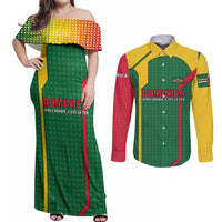 Dominica Flag Couples Matching Off Shoulder Maxi Dress and Long Sleeve Button Shirt National Parrot and Stars Design with Motto Apres Bondie C’est La Ter - Wonder Print Shop