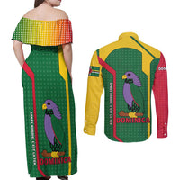 Dominica Flag Couples Matching Off Shoulder Maxi Dress and Long Sleeve Button Shirt National Parrot and Stars Design with Motto Apres Bondie C’est La Ter - Wonder Print Shop