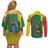 Dominica Flag Couples Matching Off Shoulder Short Dress and Long Sleeve Button Shirt National Parrot and Stars Design with Motto Apres Bondie C’est La Ter - Wonder Print Shop