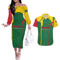 Dominica Flag Couples Matching Off The Shoulder Long Sleeve Dress and Hawaiian Shirt National Parrot and Stars Design with Motto Apres Bondie C’est La Ter - Wonder Print Shop