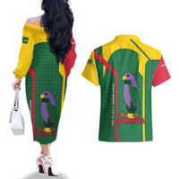Dominica Flag Couples Matching Off The Shoulder Long Sleeve Dress and Hawaiian Shirt National Parrot and Stars Design with Motto Apres Bondie C’est La Ter - Wonder Print Shop