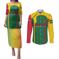 Dominica Flag Couples Matching Puletasi and Long Sleeve Button Shirt National Parrot and Stars Design with Motto Apres Bondie C’est La Ter - Wonder Print Shop