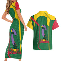 Dominica Flag Couples Matching Short Sleeve Bodycon Dress and Hawaiian Shirt National Parrot and Stars Design with Motto Apres Bondie C’est La Ter - Wonder Print Shop