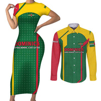 Dominica Flag Couples Matching Short Sleeve Bodycon Dress and Long Sleeve Button Shirt National Parrot and Stars Design with Motto Apres Bondie C’est La Ter - Wonder Print Shop
