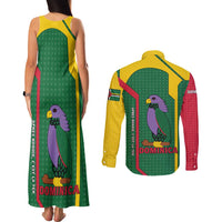 Dominica Flag Couples Matching Tank Maxi Dress and Long Sleeve Button Shirt National Parrot and Stars Design with Motto Apres Bondie C’est La Ter - Wonder Print Shop