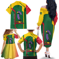 Dominica Flag Family Matching Off The Shoulder Long Sleeve Dress and Hawaiian Shirt National Parrot and Stars Design with Motto Apres Bondie C’est La Ter - Wonder Print Shop