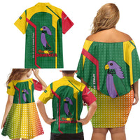 Dominica Flag Family Matching Off Shoulder Short Dress and Hawaiian Shirt National Parrot and Stars Design with Motto Apres Bondie C’est La Ter - Wonder Print Shop
