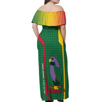 Dominica Flag Off Shoulder Maxi Dress National Parrot and Stars Design with Motto Apres Bondie C’est La Ter - Wonder Print Shop
