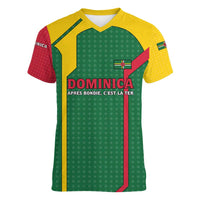 Dominica Flag Women V-Neck T-Shirt National Parrot and Stars Design with Motto Apres Bondie C’est La Ter - Wonder Print Shop