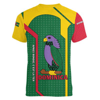 Dominica Flag Women V-Neck T-Shirt National Parrot and Stars Design with Motto Apres Bondie C’est La Ter - Wonder Print Shop