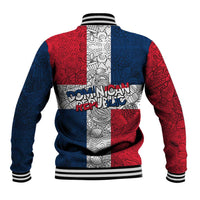 Dominican Republic Flag Baseball Jacket Red White and Blue Pattern with National Emblem and Tribal Design - Wonder Print Shop