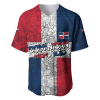 Dominican Republic Flag Baseball Jersey Red White and Blue Pattern with National Emblem and Tribal Design - Wonder Print Shop