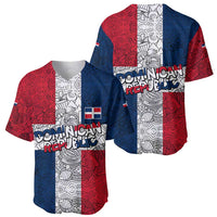 Dominican Republic Flag Baseball Jersey Red White and Blue Pattern with National Emblem and Tribal Design - Wonder Print Shop