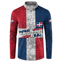 Dominican Republic Flag Button Sweatshirt Red White and Blue Pattern with National Emblem and Tribal Design - Wonder Print Shop